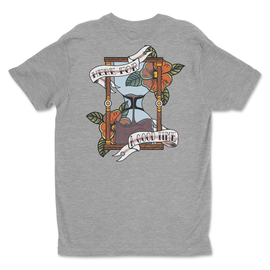 “Here for a Good Time” tattoo-inspired T-shirt with hourglass and tropical flower design by Tim Dalton in heather grey