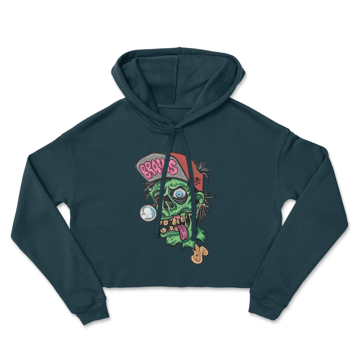Zombie Brains Cropped Hoodie by Bob Braden – cropped fleece hoodie with original tattoo art by Legendary ltd.