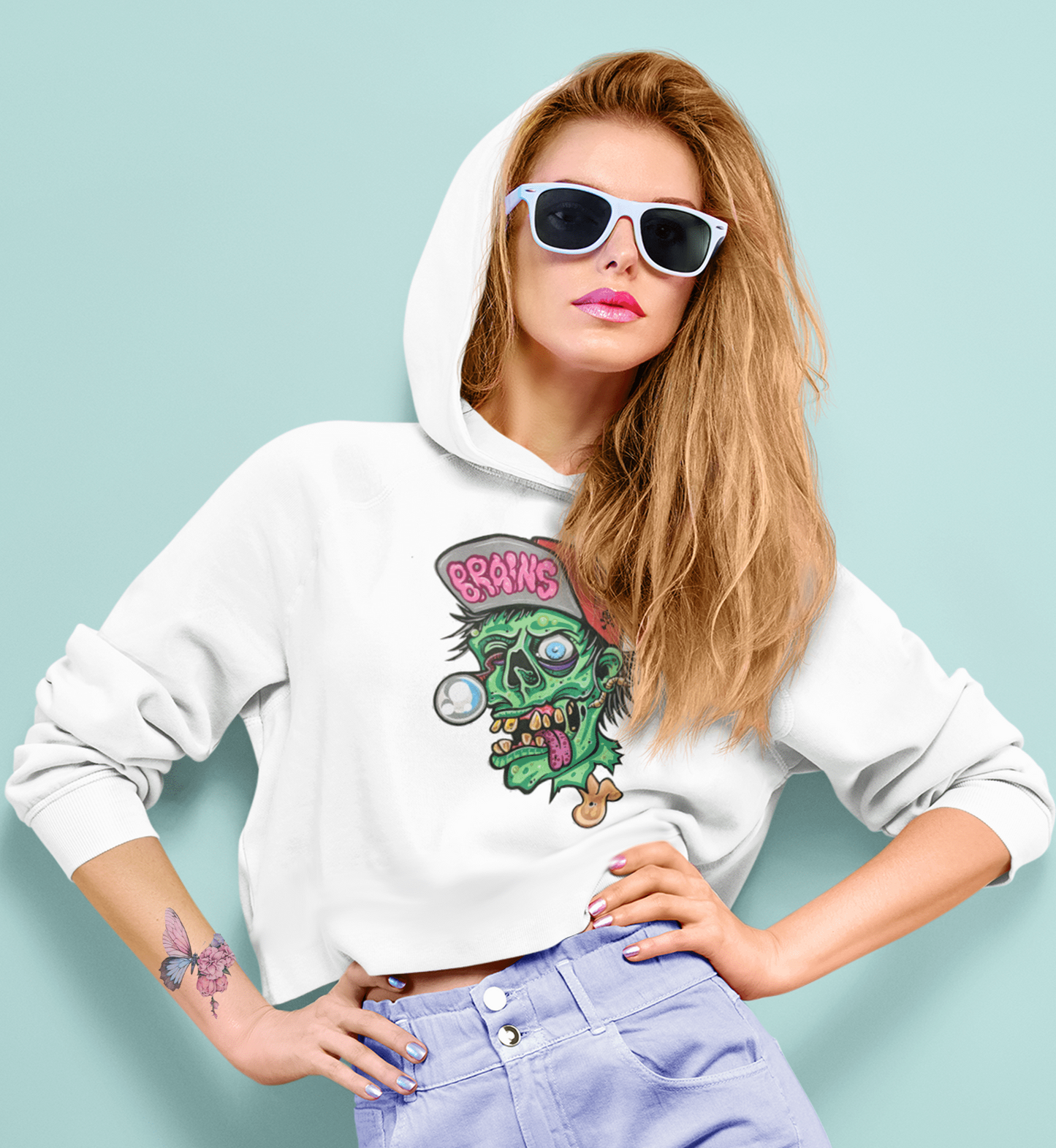 Zombie Brains Cropped Hoodie by Bob Braden – additional view 4