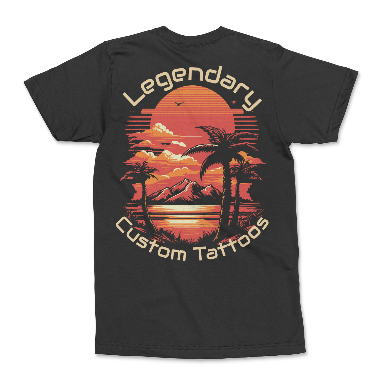 Legendary Custom Tattoos Sunset Tee – black palm tree and mountain graphic t-shirt with original tattoo art by Legendary ltd.