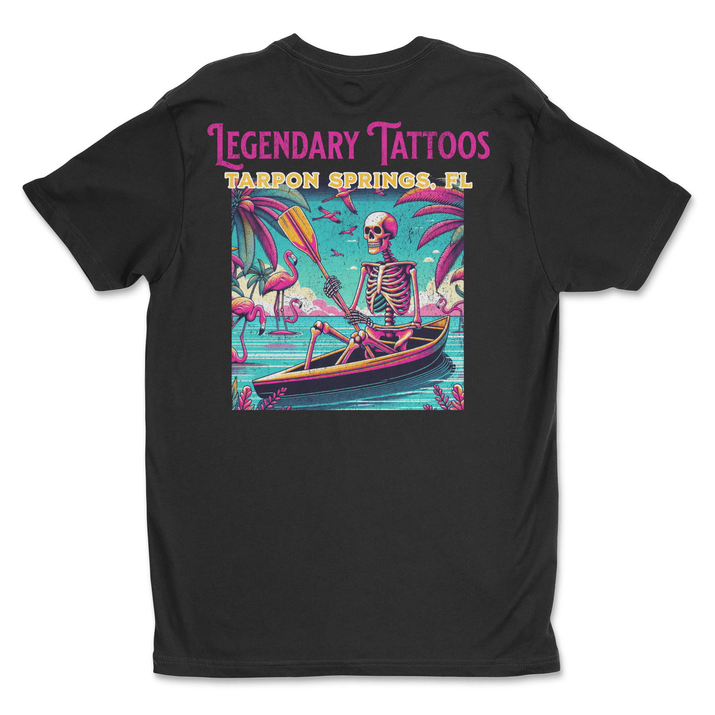 Legendary Tattoos Skeleton in Paradise Tee – black graphic t-shirt with original tattoo art by Legendary ltd.