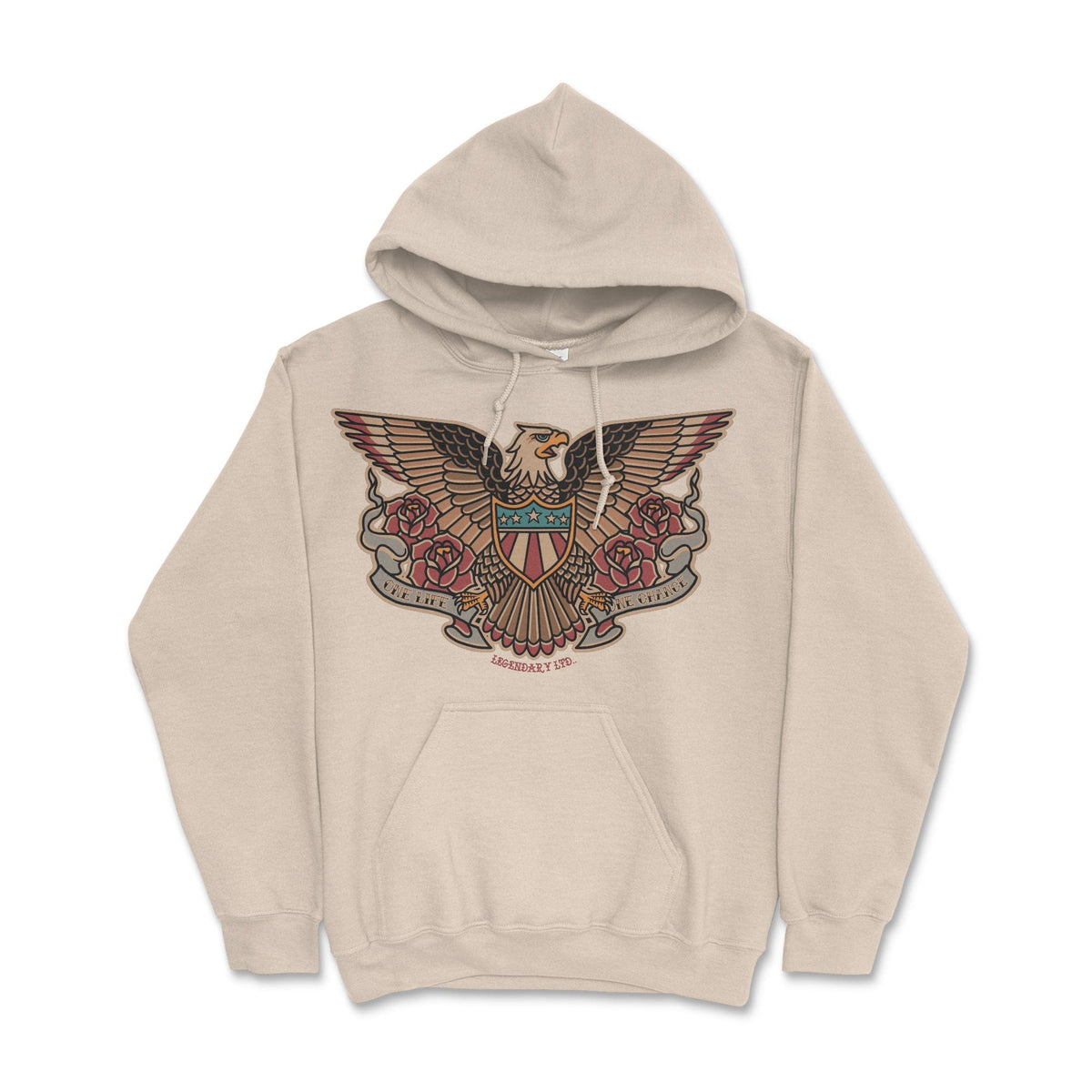 American Traditional Eagle Hoodie – black pullover hoodie with original tattoo art by Legendary ltd.