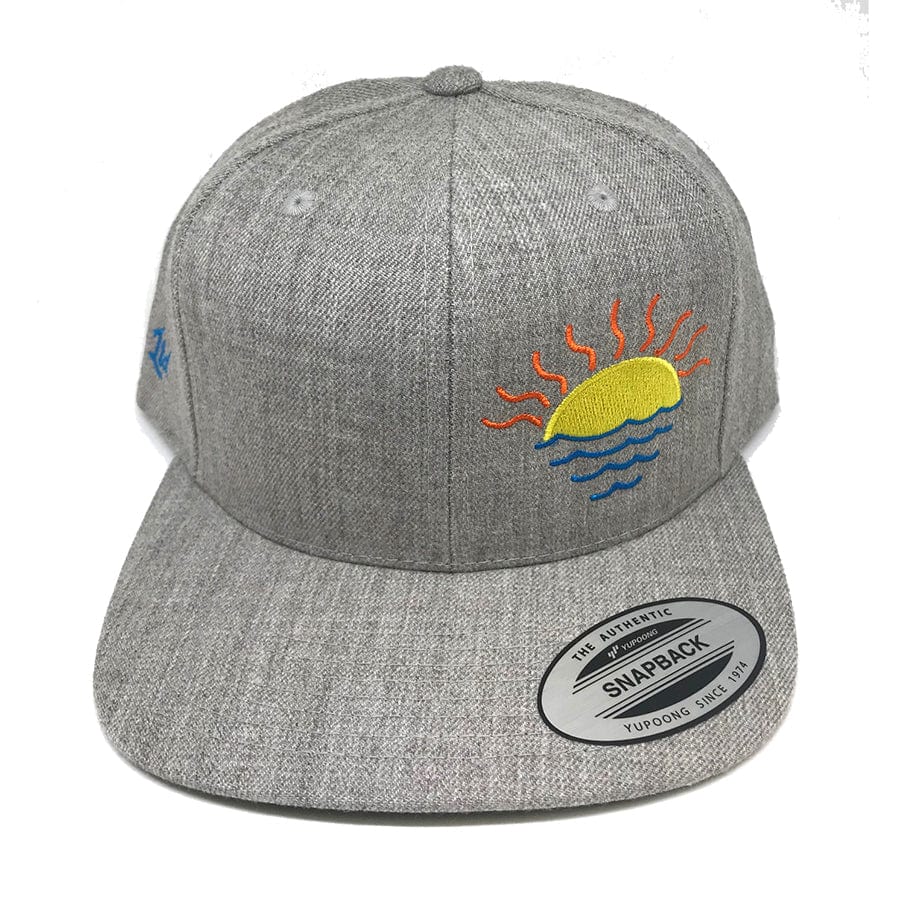 Heather Gray Sunset Snapback – heather gray snapback hat with original tattoo art by Legendary ltd.