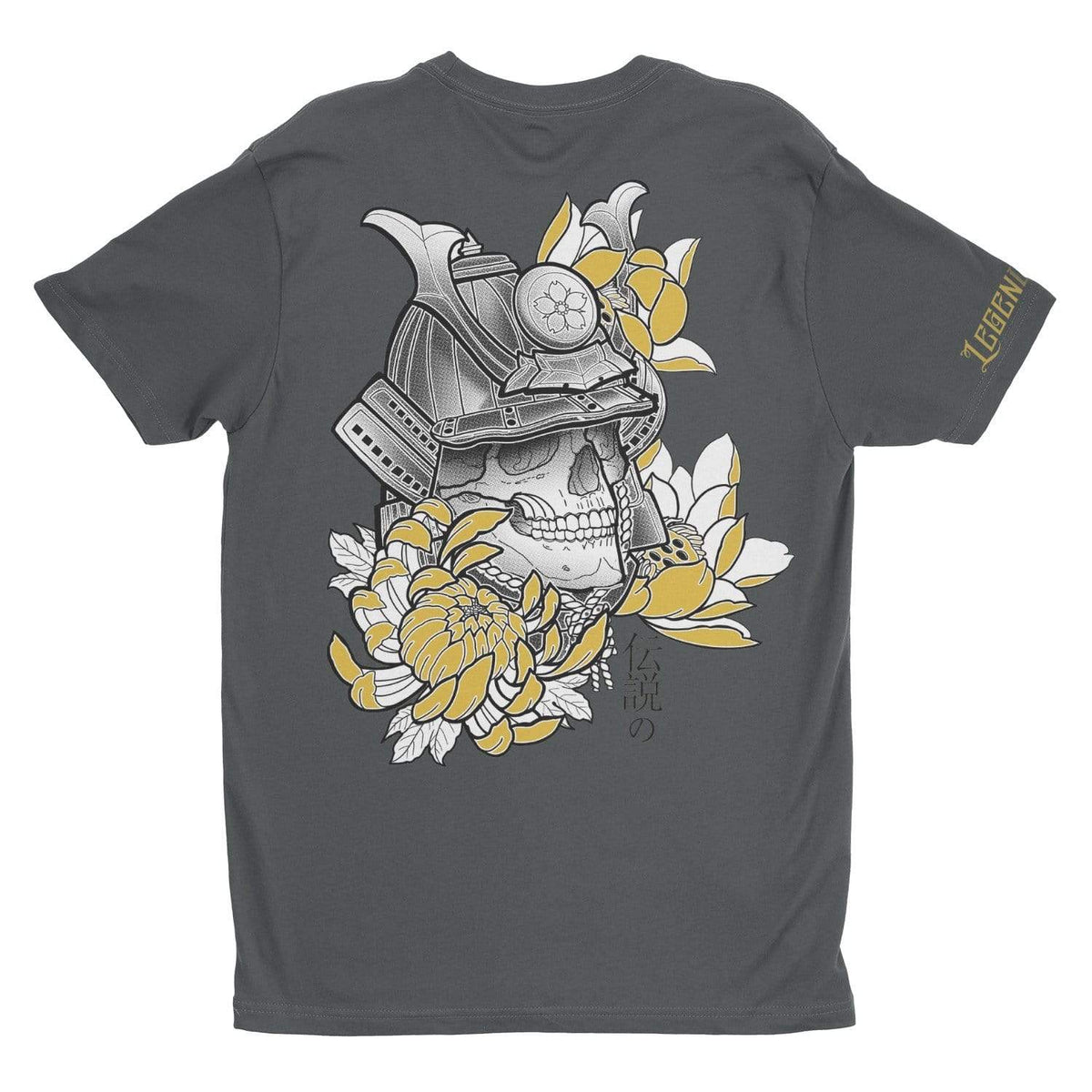 Samurai Skull Japanese Flowers Tee – heavy metal gray men's graphic t-shirt with original tattoo art by Legendary ltd.