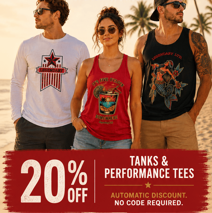 Three people on a beach wearing graphic tees with promotional text for tanks and performance tees.