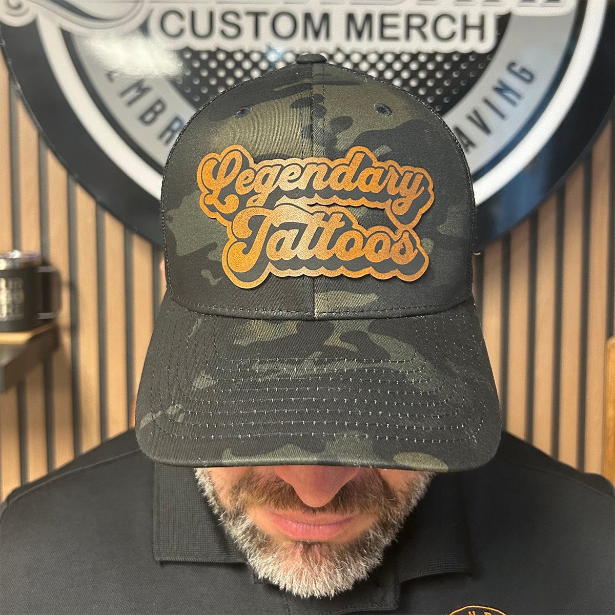 Legendary Ltd Hats Black Camo Legendary Tattoos Leather Patch Trucker Hat – Black Camo
