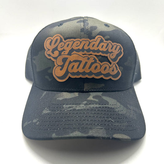 Legendary Ltd Hats Black Camo Legendary Tattoos Leather Patch Trucker Hat – Black Camo