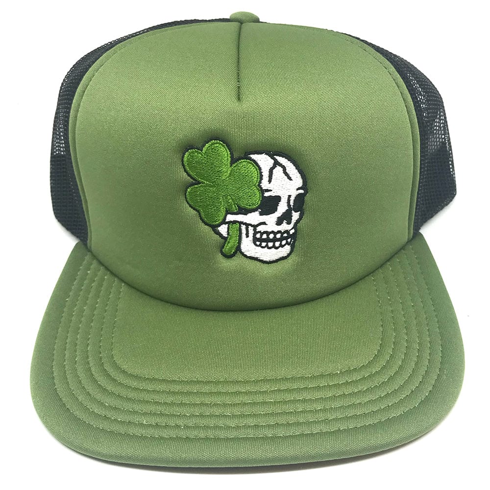 Olive Green Skull Shamrock Snapback – olive green and black mesh snapback hat with original tattoo art by Legendary ltd.