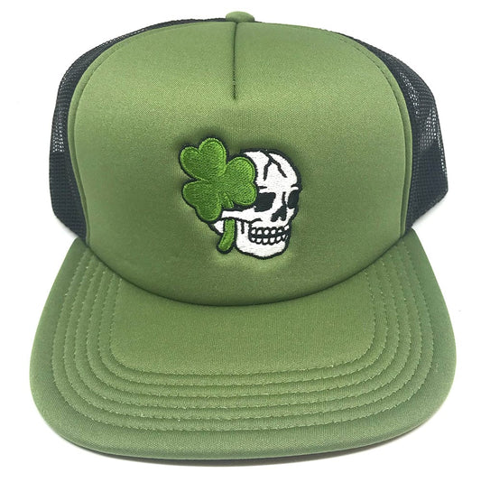 Olive Green Skull Shamrock Snapback – olive green and black mesh snapback hat with original tattoo art by Legendary ltd.