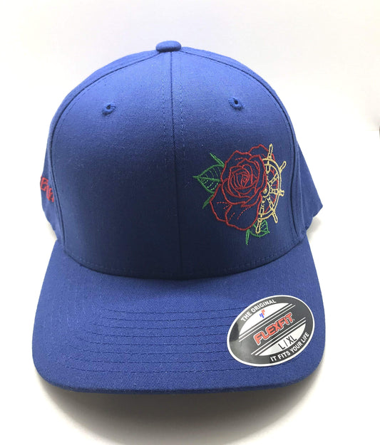 Rose & Helm Flexfit Hat – royal blue Flexfit hat with original tattoo art by Legendary ltd.