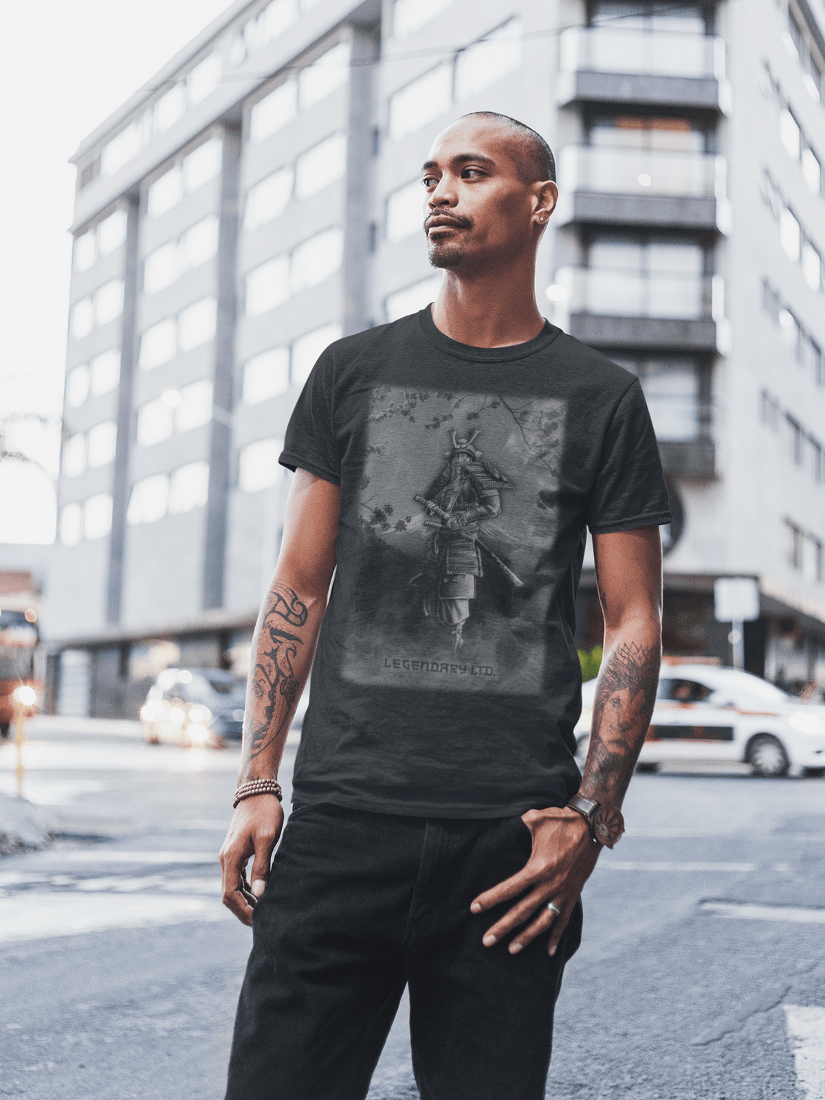Samurai in Smoke Warrior Tee – men's graphic t-shirt with original tattoo art by Legendary ltd.
